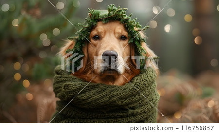 Cozy Golden Retriever Dressed as a Pine Tree in a Serene Forest Landscape Cozy Golden Retriever Dressed as a Pine Tree in a Serene Forest Landscape 116756837