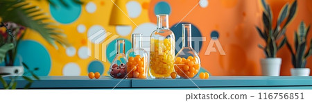 Vibrant Eyeball Pasta Salad in a Colorful Mad Scientist s Laboratory Background 116756851