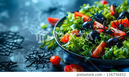 Creepy Crawly Salad with Spider Olives on Moody Garden Background 116756852