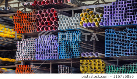 Steel Pipe for Construction on Shelf In Warehouse. 116756886