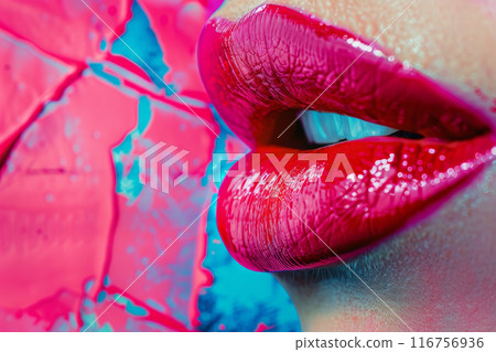 A woman's lips are painted red and she is smiling 116756936
