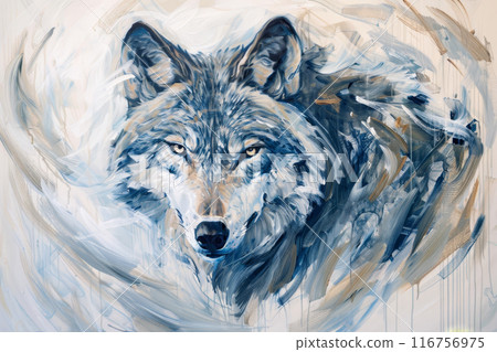 A wolf is painted in blue and gray with a yellow eye 116756975
