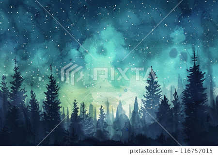 A painting of a forest with trees and stars in the sky 116757015