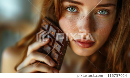 A woman with blue eyes is holding a chocolate bar 116757024
