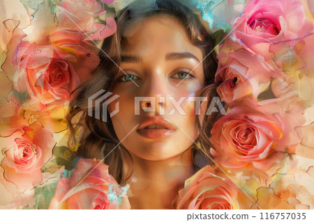 A woman is surrounded by pink roses in a painting 116757035