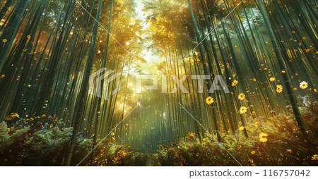 A forest with a lot of trees and a lot of yellow leaves 116757042