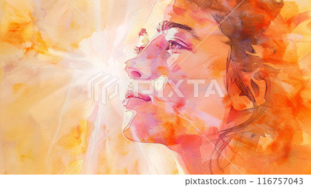 A woman with a face painted in orange and yellow colors A woman with a face painted in orange and yellow colors 116757043