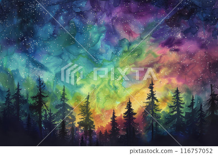 A painting of a starry night sky with trees in the foreground 116757052