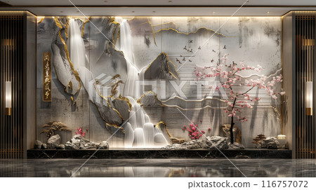 A large wall with a waterfall and a tree with pink flowers 116757072