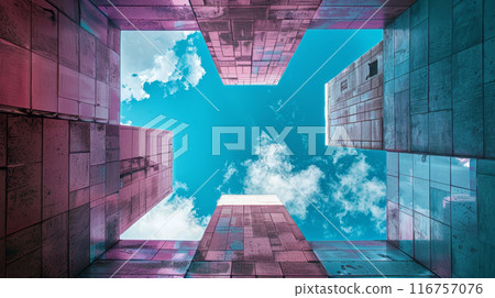 A blue sky with clouds and a building in the background A blue sky with clouds and a building in the background 116757076