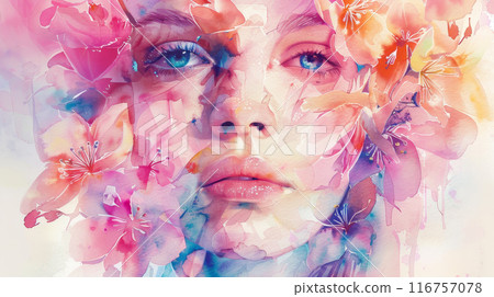 A woman's face is painted with flowers A woman's face is painted with flowers 116757078