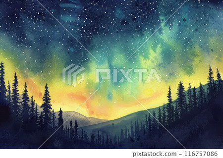 A painting of a forest with a sky full of stars 116757086