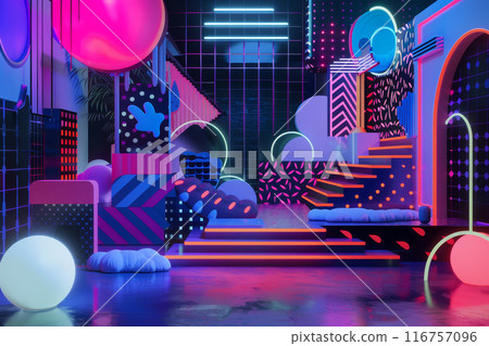 A neon room with a lot of colorful shapes and patterns 116757096