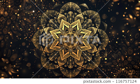 A gold and black flowery design with a lot of sparkles 116757124