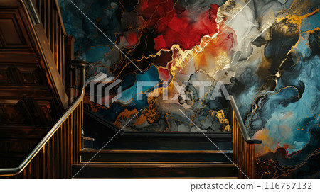 A staircase with a gold and blue wall behind it 116757132