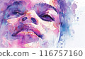 A woman's face is painted in watercolor with a smile on her face 116757160