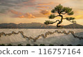 A small tree is growing on a wall next to a mountain 116757164