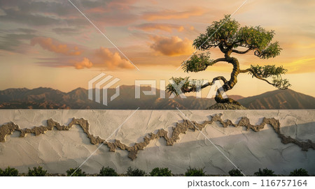 A small tree is growing on a wall next to a mountain 116757164