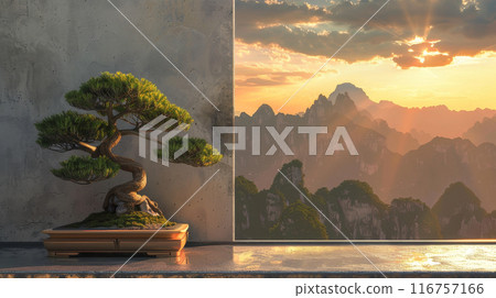 A small bonsai tree sits on a wooden stand in front of a window 116757166