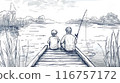 A man and a boy are sitting on a dock by a lake 116757172