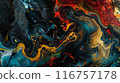 A painting of a colorful swirl with gold and red colors 116757178