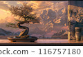 The scene is serene and peaceful, with the tree 116757180