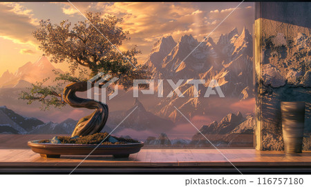 The scene is serene and peaceful, with the tree 116757180