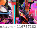 A colorful, abstract painting of a cityscape with neon lights and a large 116757182