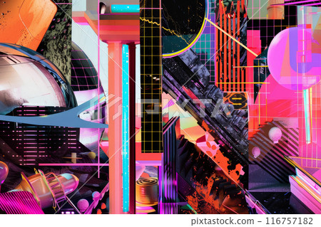 A colorful, abstract painting of a cityscape with neon lights and a large A colorful, abstract painting of a cityscape with neon lights and a large 116757182