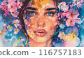 A woman's face is painted with flowers and the background is blue 116757183