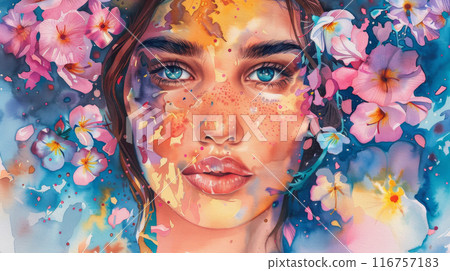 A woman's face is painted with flowers and the background is blue A woman's face is painted with flowers and the background is blue 116757183