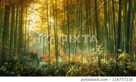 A forest with a path through it and a lot of flowers 116757210