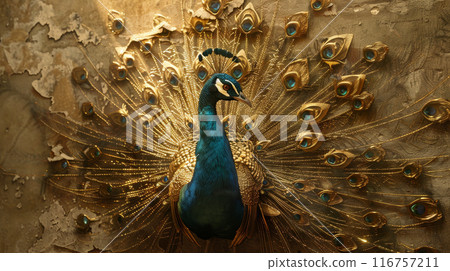 A gold and blue peacock with its head held high A gold and blue peacock with its head held high 116757211