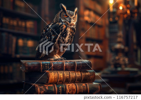 A large owl is perched on top of a stack of books 116757217