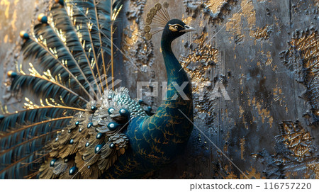 A gold and blue peacock with its head held high A gold and blue peacock with its head held high 116757220