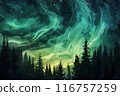 A painting of a forest with a green sky and stars 116757259