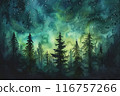 A painting of a forest with trees and a sky full of stars 116757266