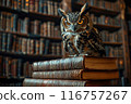 A large owl is perched on top of a stack of books 116757267