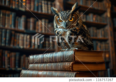 A large owl is perched on top of a stack of books A large owl is perched on top of a stack of books 116757267