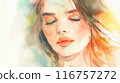 A woman's face is painted in watercolor with a bright orange background 116757272