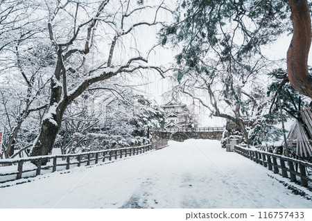White Hirosaki Castle or Takaoka Castle with snow in winter, hirayama style Japanese castle located in Hirosaki city, Aomori Prefecture, Tohoku, Japan. Landmark for tourist attraction. Japan travel 116757433