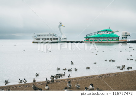 Lake Inawashiro in winter with tourists sightseeing boat and teal Ducks and Swan in Fukushima Prefecture, Tohoku Region, Japan. Landmark for tourist attractions and vacation holiday concept Lake Inawashiro in winter with tourists sightseeing boat and teal Ducks and Swan in Fukushima Prefecture, Tohoku Region, Japan. Landmark for tourist attractions and vacation holiday concept 116757472