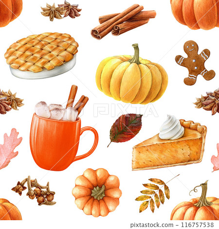 Thanksgiving traditional food and drinks seamless pattern. Painted illustration. Hand drawn pumpkin, apple pie, cake, caramel latte, cinnamon, clove elements on white background. Autumn mood pattern 116757538