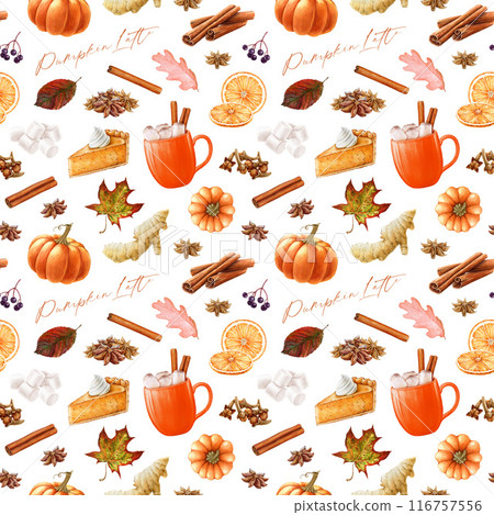 Autumn season traditional treats seamless pattern. Painted spice pumpkin latte, cinnamon, clove, apple pie, fallen leaves and flower elements. Autumn mood cozy seamless pattern in warm colors 116757556