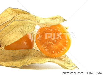 Close-up of fresh orange physalis fruit with husk on a white background 116757562