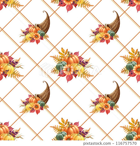 Thanksgiving decor seamless pattern. Watercolor vintage style illustration. Thanksgiving elements, pumpkins, cornucopia, fallen leaves, geometric lines. Autumn mood endless pattern in warm colors Thanksgiving decor seamless pattern. Watercolor vintage style illustration. Thanksgiving elements, pumpkins, cornucopia, fallen leaves, geometric lines. Autumn mood endless pattern in warm colors 116757570