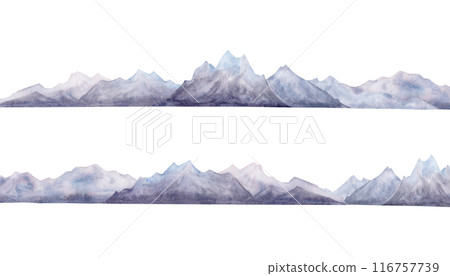 Monochrome mountains landscape silhouettes watercolor illustration set isolated on white background. Dark skyline of mountain chains on horizon Monochrome mountains landscape silhouettes watercolor illustration set isolated on white background. Dark skyline of mountain chains on horizon 116757739
