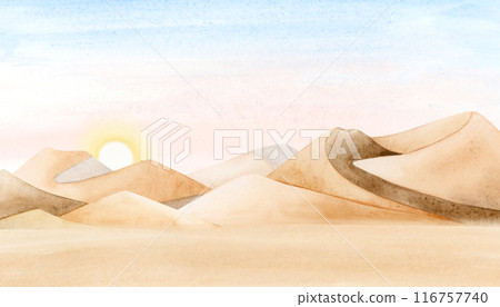 Desert dawn landscape with sand dunes and blue pink pastel sky watercolor illustration. Picturesque sunrise sketch in beige and yellow colors. Panoramic horizontal scenery 116757740