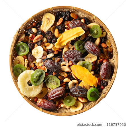 Dried tropical fruits with various nuts and raisins. Dried tropical fruits with various nuts and raisins. 116757930
