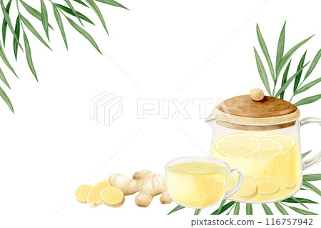 Ginger tea with leaves in glass teapot and cup horizontal corner frame watercolor illustration isolated on white. Hand drawn organic hot drink for delicious healthy recipes or banner templates 116757942